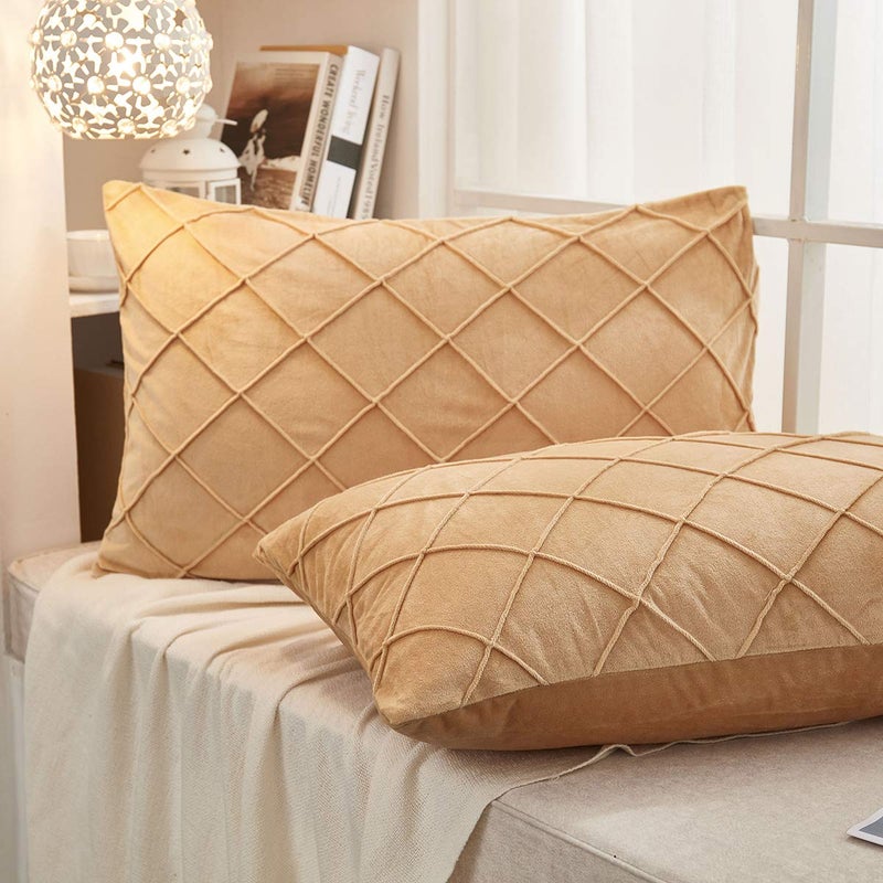 JAUXIO Diamond Pinch Pleated Crystal Velvet Pillowcases 2 Pack Solid Pintuck Throw Cushion Cover for Home Decor Hidden Zipper Closure (Camel, Standard) - Image 3
